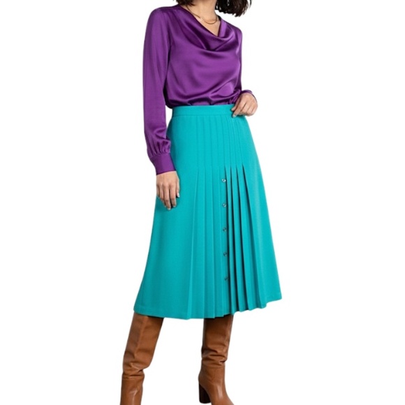 Vintage 80s 90s Canadian made turquoise old money box pleated midi skirt 20 - Picture 3 of 15